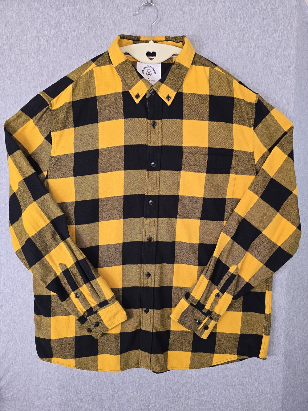 Men's Yellow and Black Buffalo Check Skatwr Grunge 90sButton-Down Shirt Sz XL.